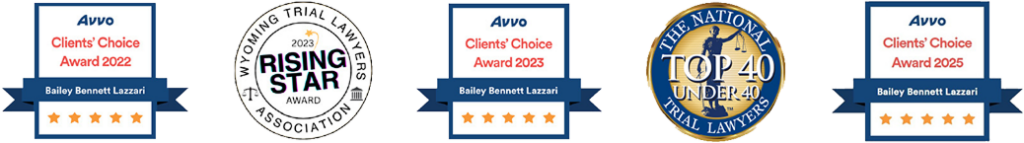 a rectangular image with awards and badges from avvo and wyoming trial lawyers and the national trial lawyers
